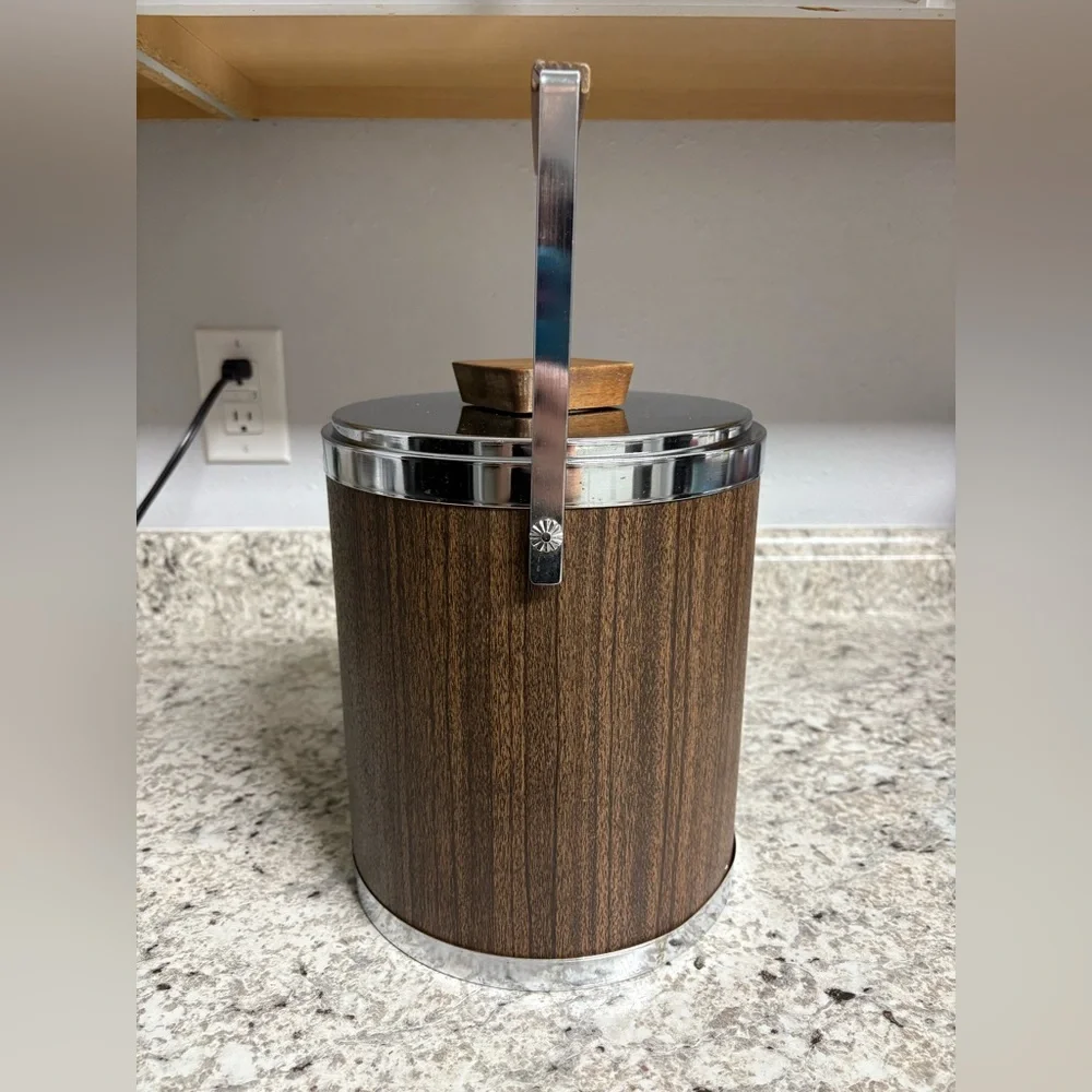 Vintage Mid Century KROMEX Walnut & Chrome Steel Ice Bucket